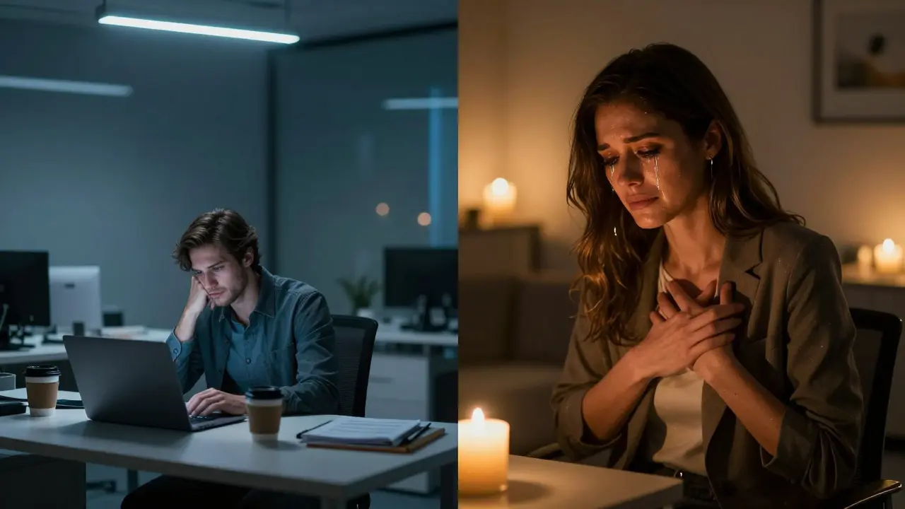 A person transitions from stressed office worker to calm client in a therapeutic setting, shown in contrasting lighting and emotion.