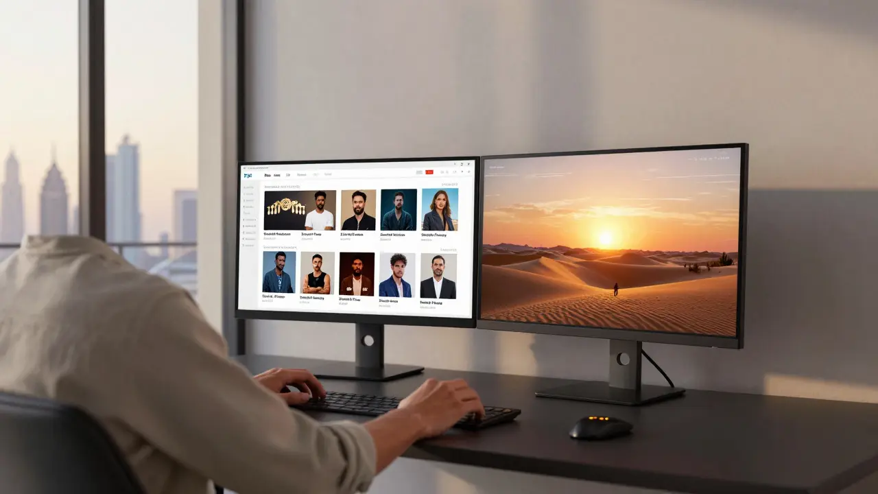 A person working in a Dubai Marina home office with dual monitors displaying adult content thumbnails and digital overlays of desert scenes.