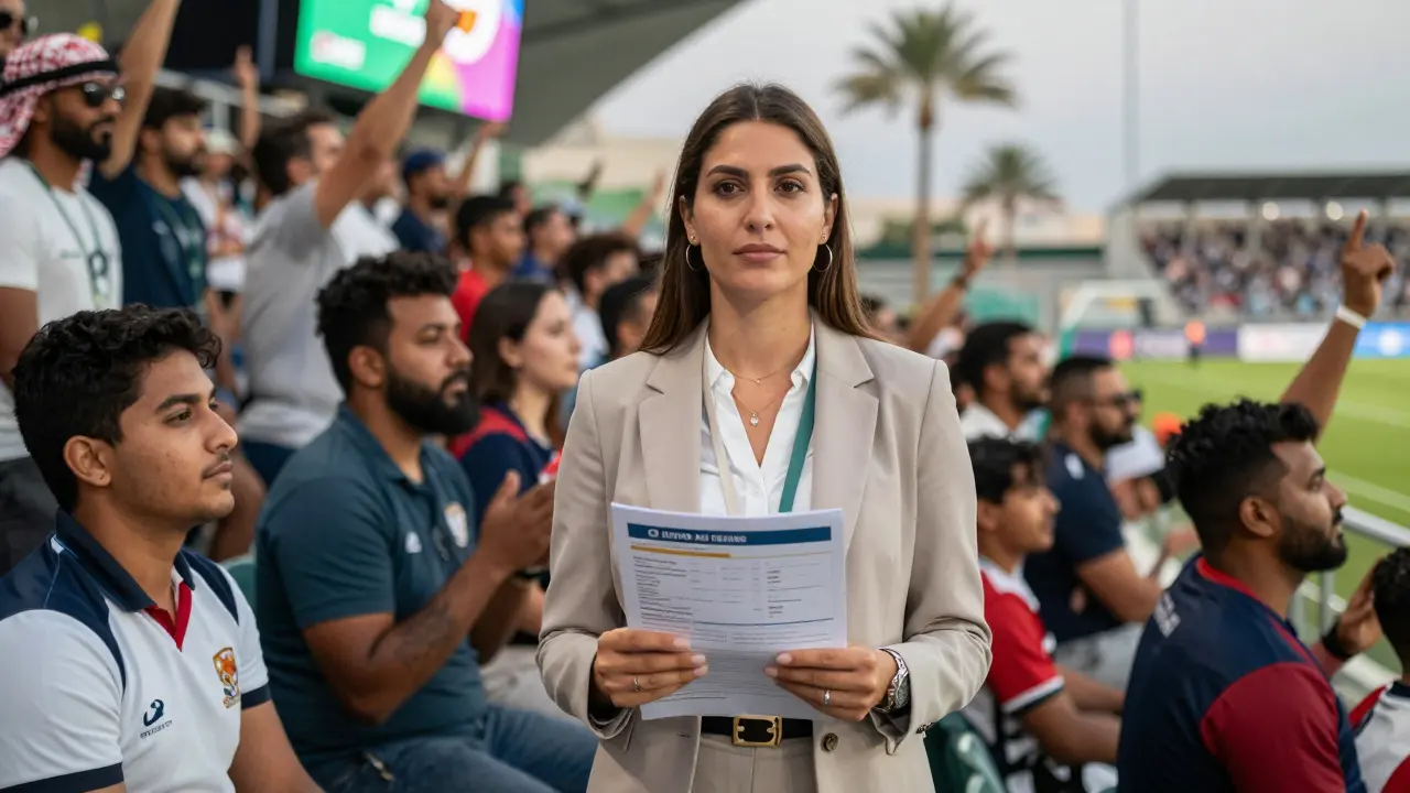 A professional female companion stands calmly among cheering rugby fans at the Dubai Sevens, offering quiet support.