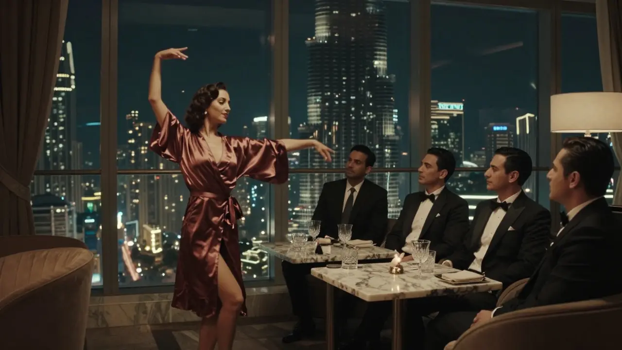 A quiet upscale club on the 42nd floor with a dancer performing gracefully as the Burj Khalifa glows in the background.