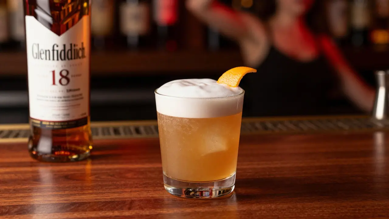 A refined whiskey sour in a coupe glass with orange twist on a dark bar counter.