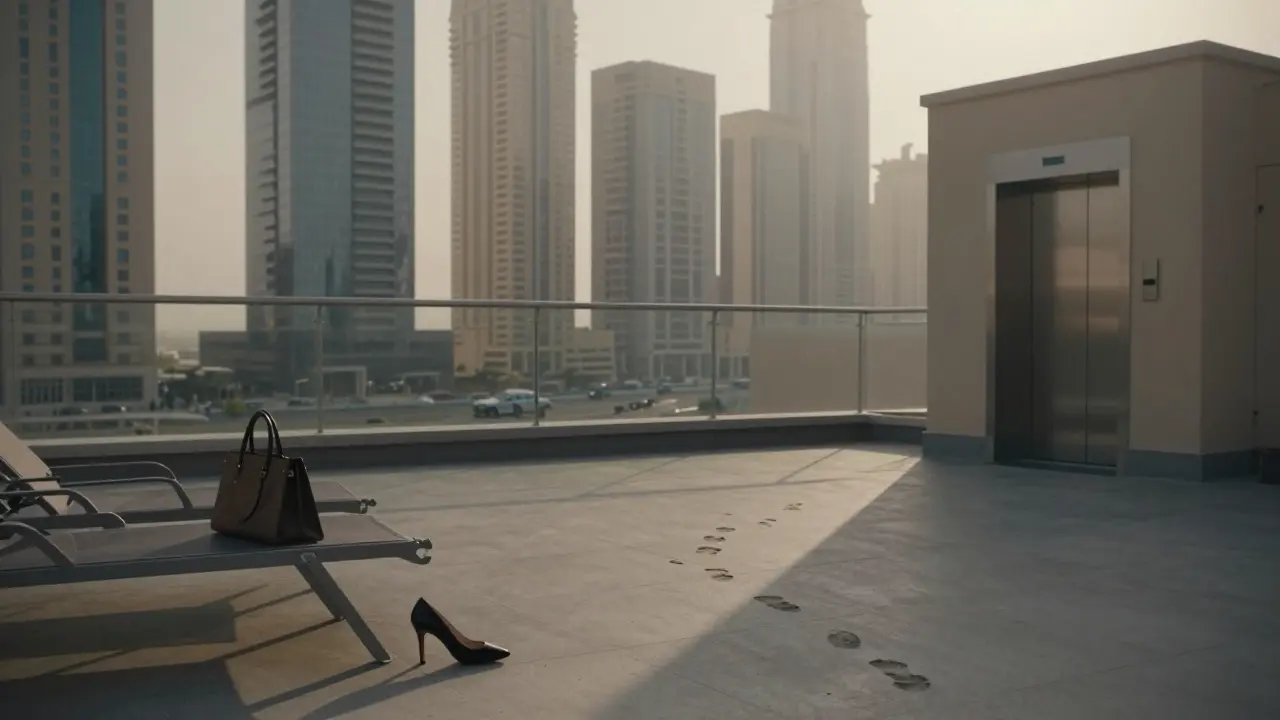 A single high-heeled shoe and handbag rest on a rooftop terrace at dawn, overlooking Dubai&#039;s silent skyscrapers.