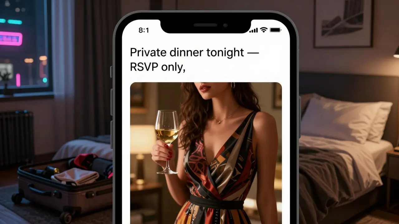 A smartphone screen shows coded text and a blurred photo of a woman in a hotel room.