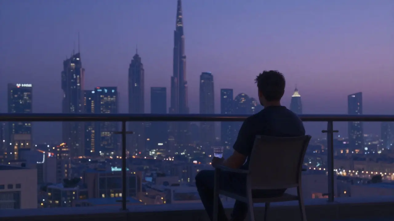 A solitary figure on a Dubai balcony at twilight, facing away from the city lights in peaceful contemplation.