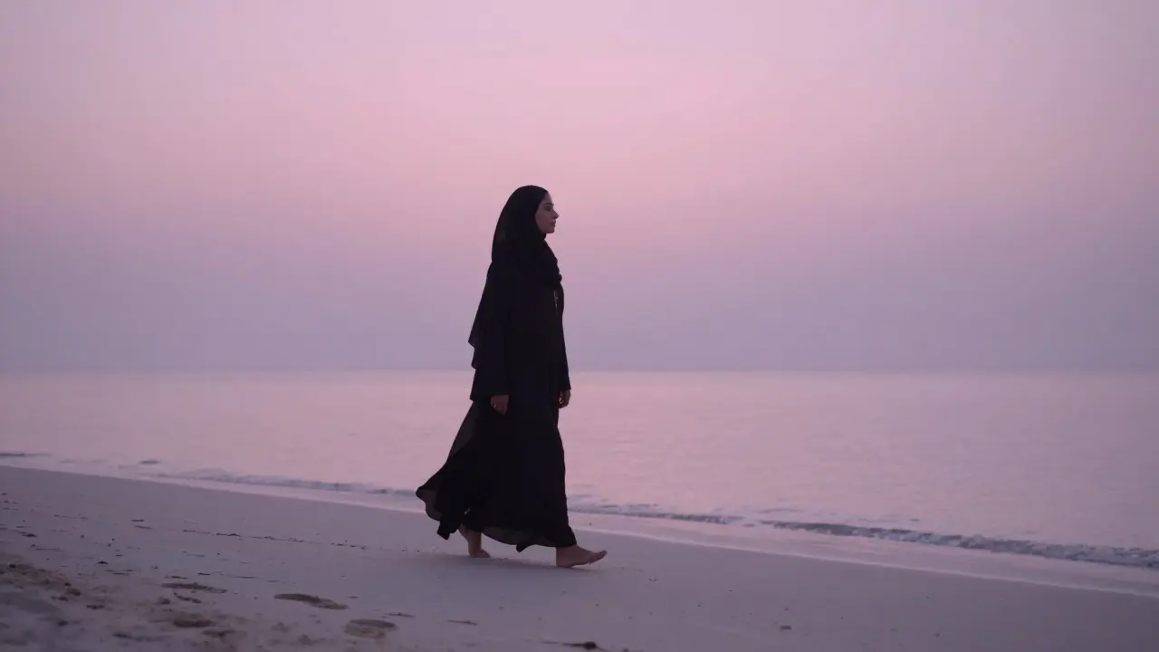 A solitary figure walking along a Dubai beach at dawn, gazing at the horizon.