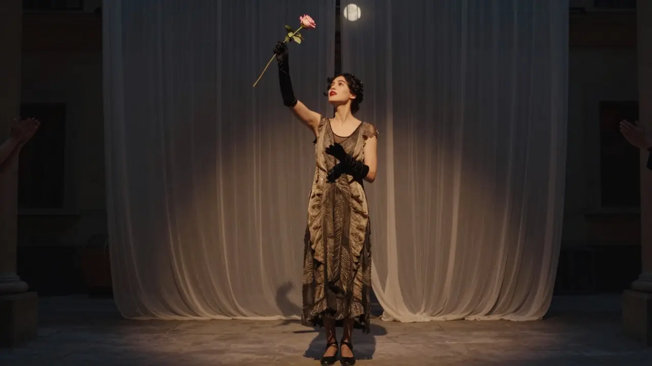 A solo performer holding a rose under moonlight, vintage gown, silent courtyard setting.