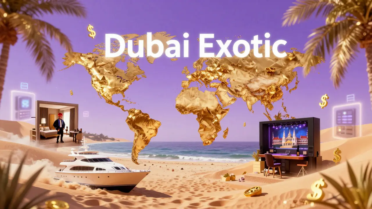 A surreal digital collage of global locations fused with fake Dubai branding elements like palm trees and yachts, surrounded by money and server icons.