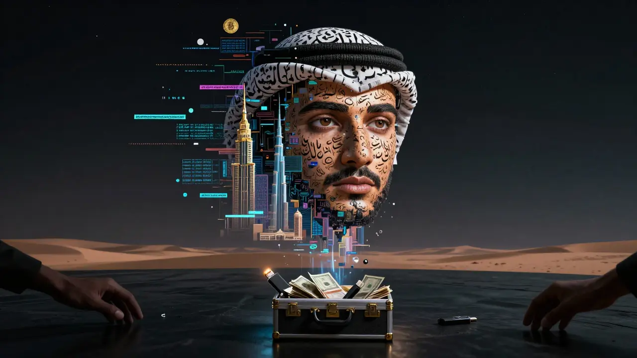 A surreal digital portrait of Dubai dissolving into cryptocurrency streams and shadowy transactions, symbolizing the hidden adult industry.