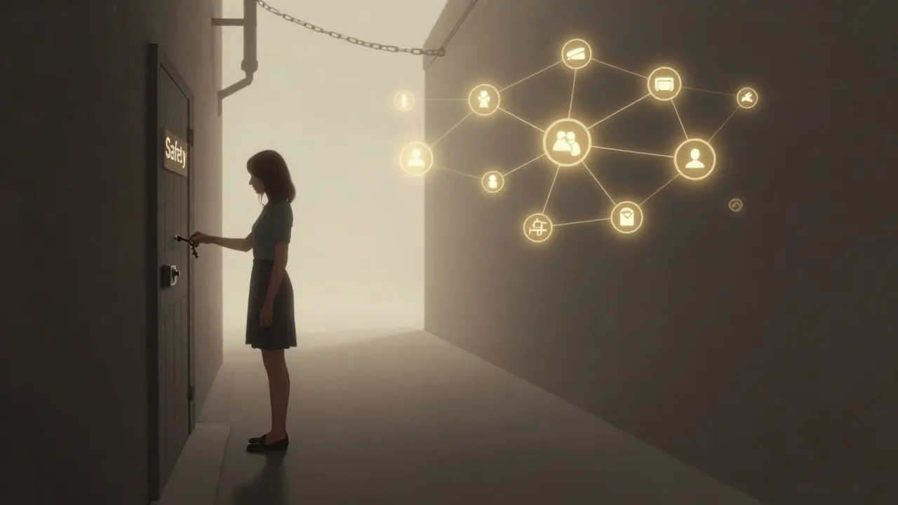 A symbolic image of a woman unlocking a door labeled &#039;Safety&#039; surrounded by a network of support services, representing protection over punishment.