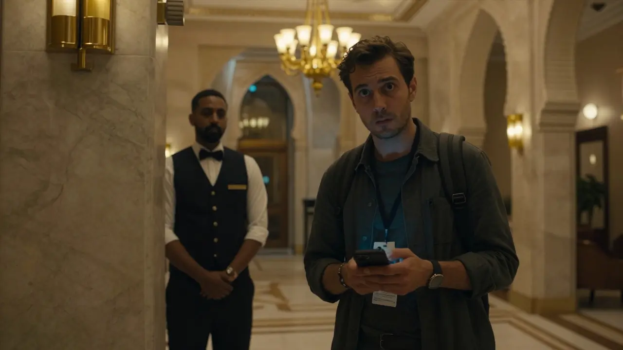 A tourist looks anxious in a luxury hotel lobby, staff observing discreetly.