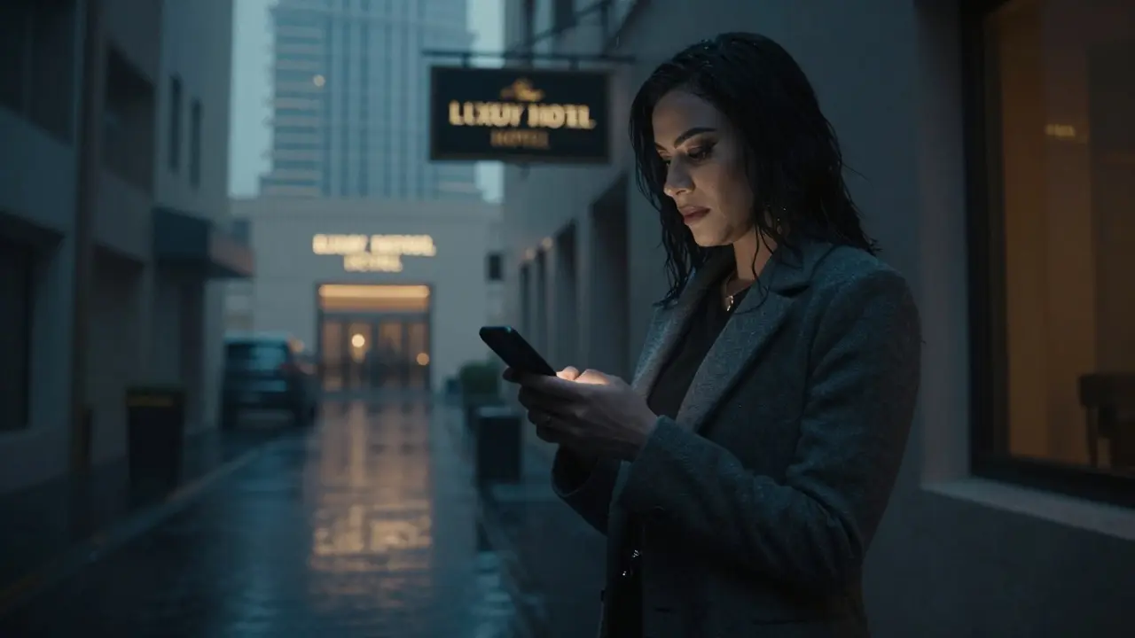 A transgender escort in a rainy Dubai alley checks a secure messaging app, alert and aware, surrounded by the city’s quiet anonymity.
