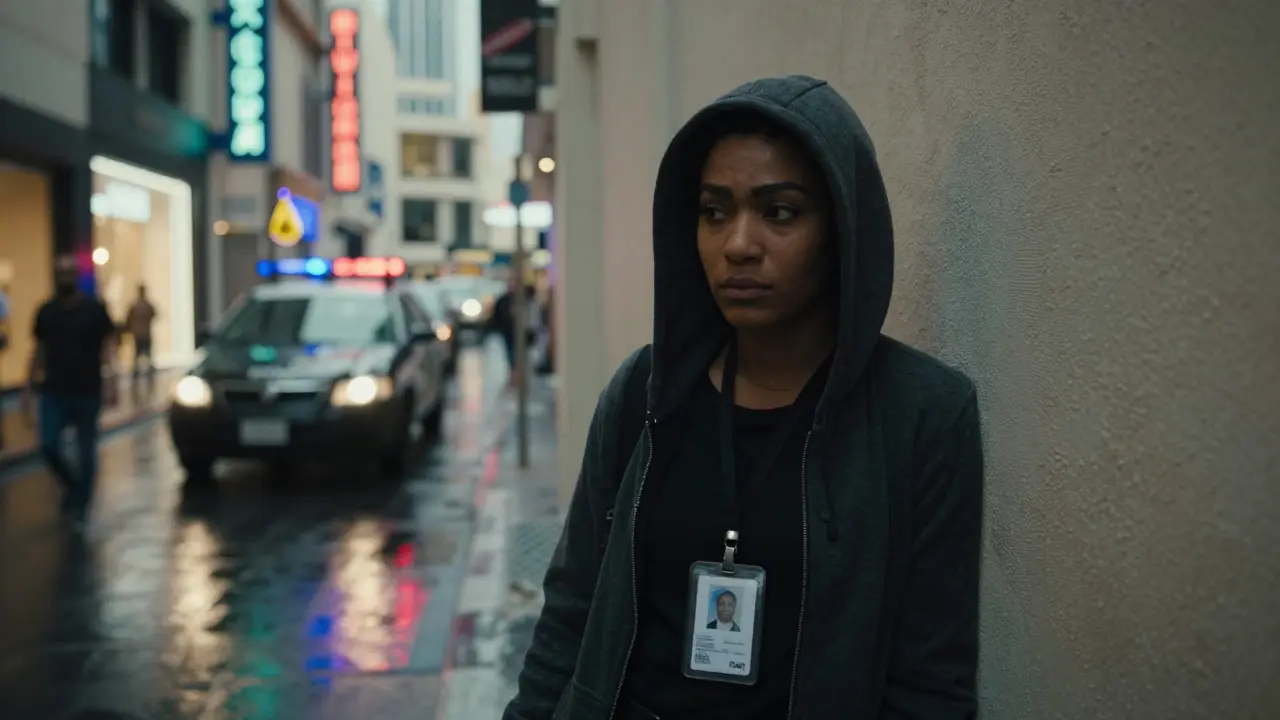 A transgender woman hides in a Dubai alley, glancing nervously at a passing police car.