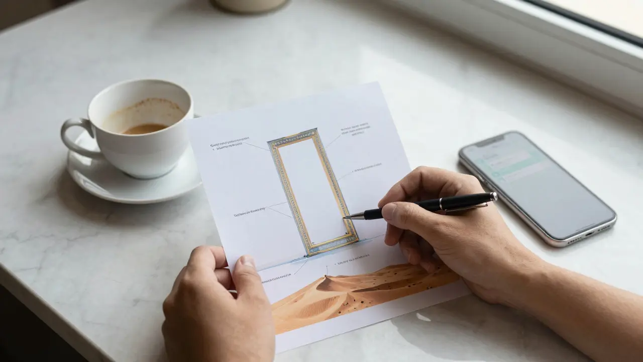 A travel itinerary and teacup on marble, symbolizing discreet companionship in Dubai.