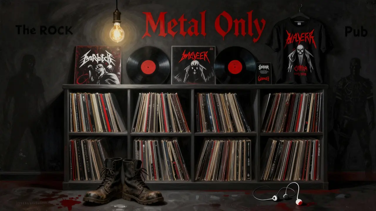 A wall of rare metal vinyl records and merch lit by a single hanging bulb.