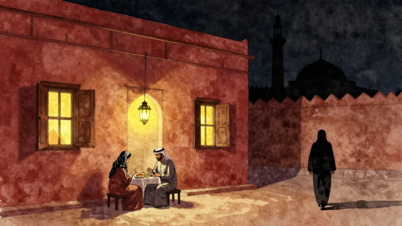 A warm Emirati home at night, a married couple sharing a meal inside, while a lone figure walks past a mosque outside.