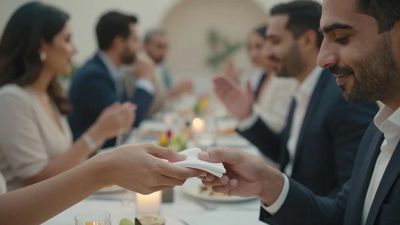 A woman's hand passing a napkin to a man, their fingers lightly touching in a quiet moment of trust.