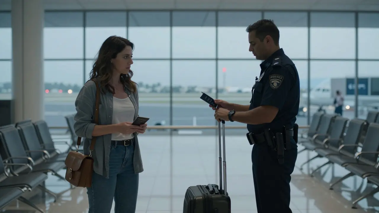 A woman at Dubai airport, staring at her confiscated passport as an officer holds it, suitcase beside her.