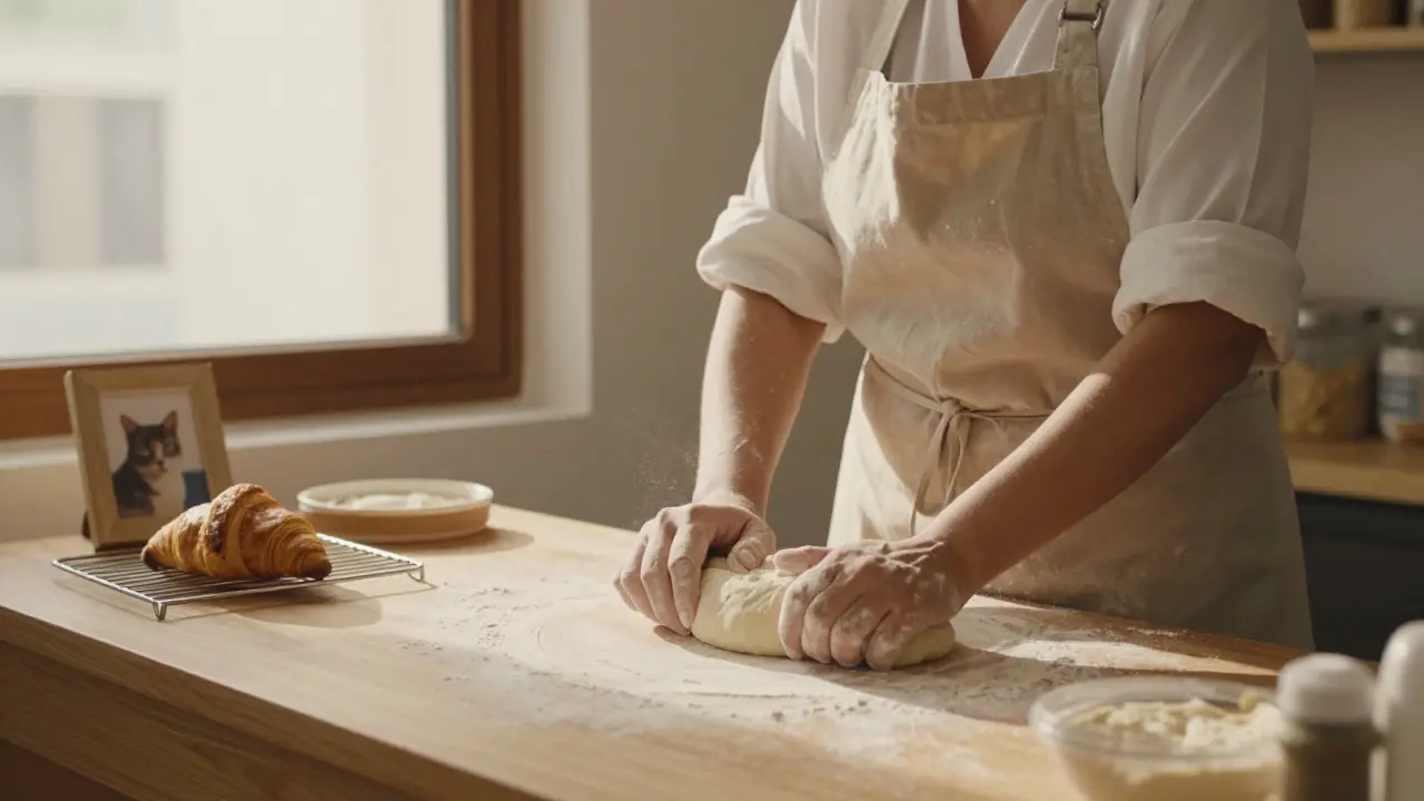 A woman bakes croissants in a small bakery, wearing an apron, sunlight streaming through the window.