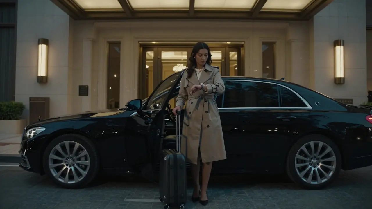 A woman in a trench coat steps from a luxury car outside a Dubai hotel, her demeanor composed and discreet, embodying professional reliability.