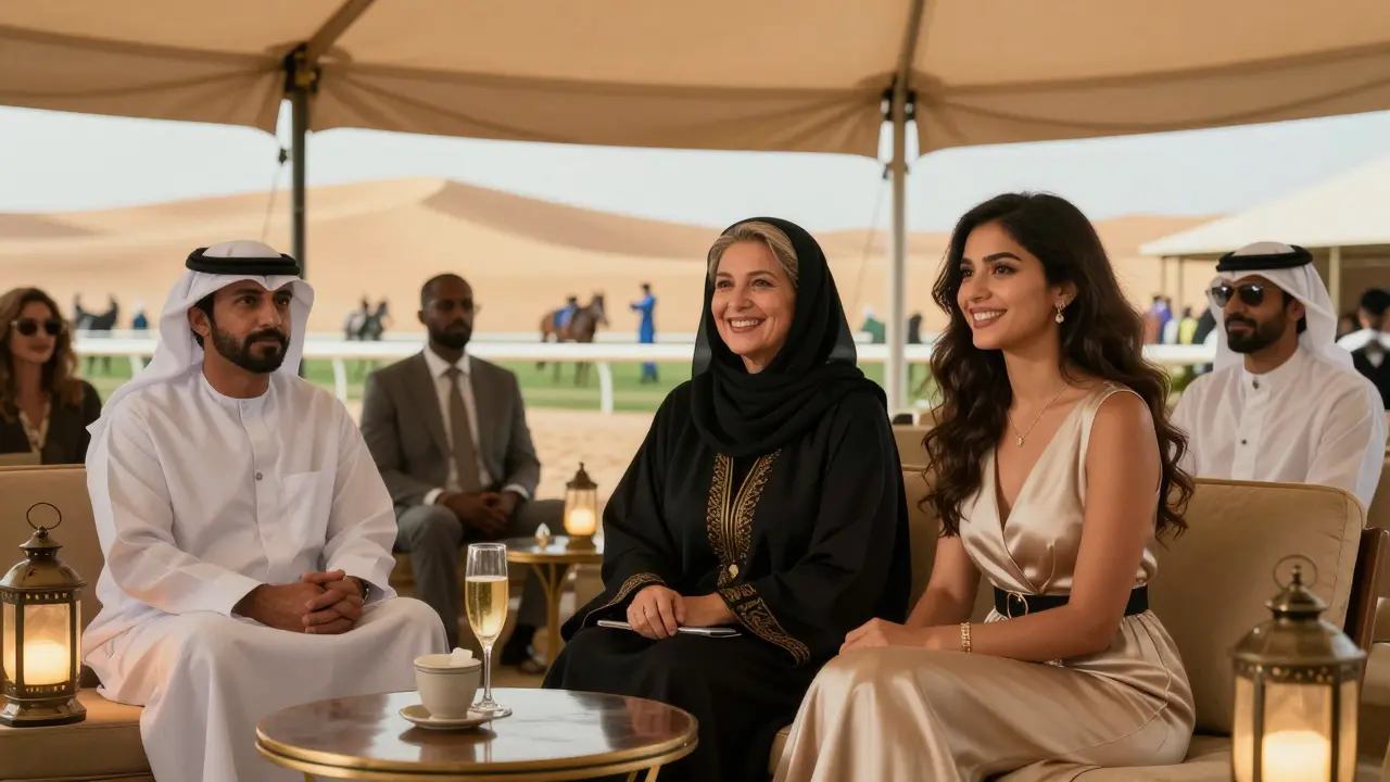 A woman in an abaya and her companion watch a horse race from a desert tent, surrounded by lanterns and sand dunes.