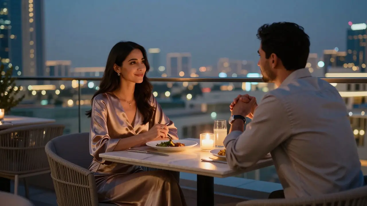 A woman listens attentively to a man over dinner on a Dubai rooftop, candlelight highlighting their intimate, distraction-free conversation.