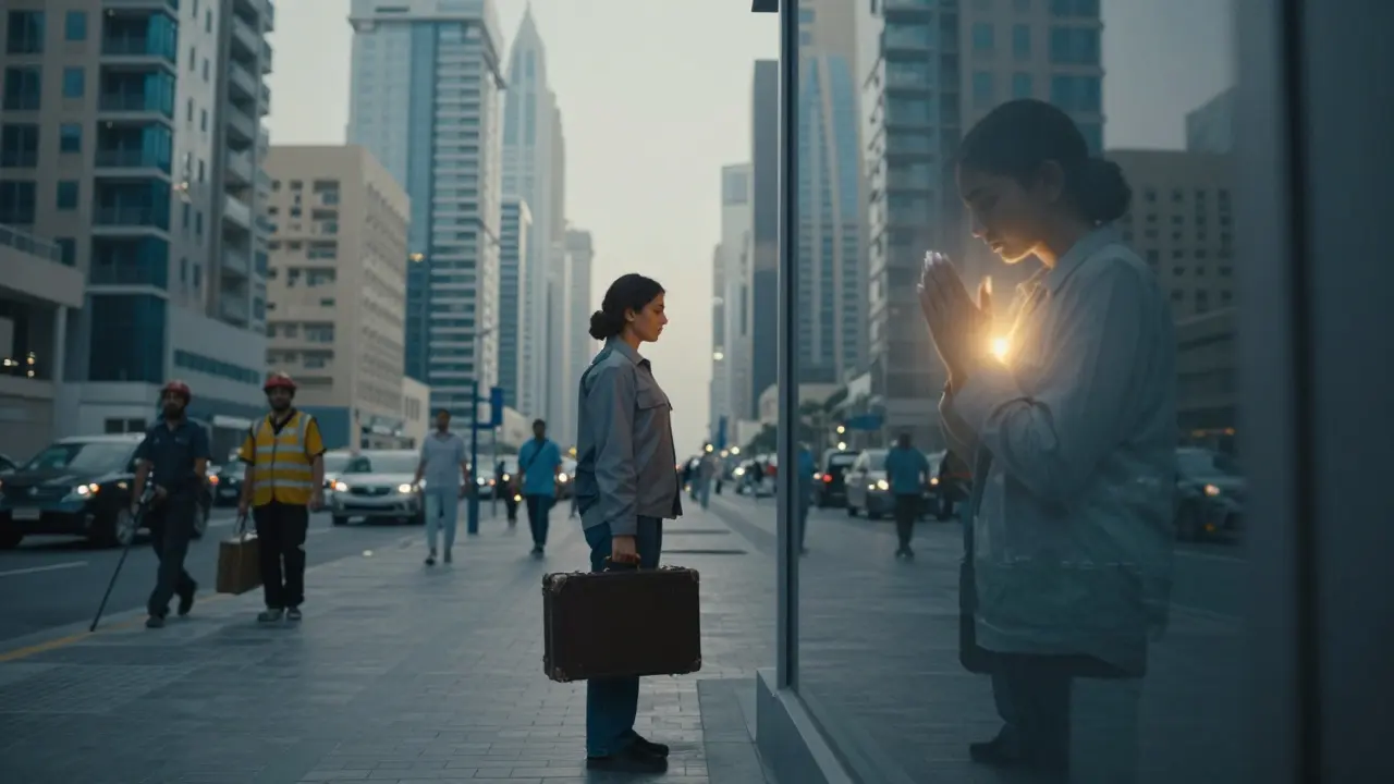 A woman looks back at her former apartment, seeing a ghostly image of herself praying in the window reflection.