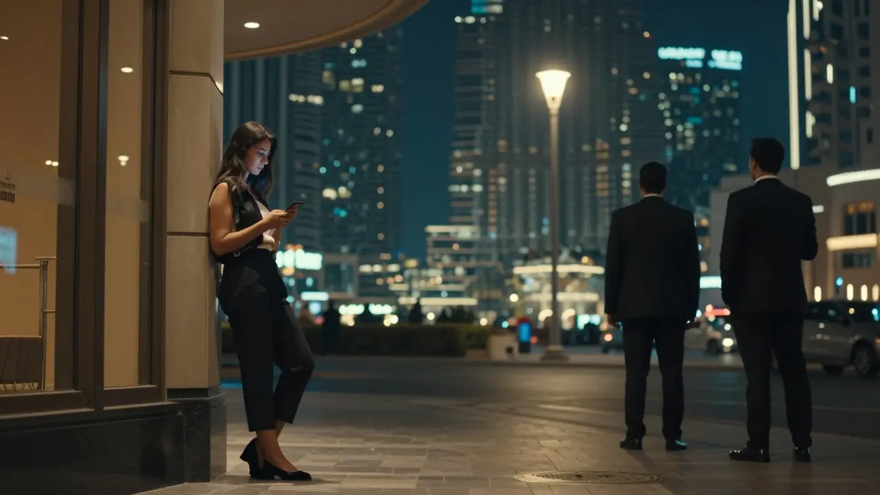 A woman nervously glancing at surveillance figures near a Dubai hotel at night.