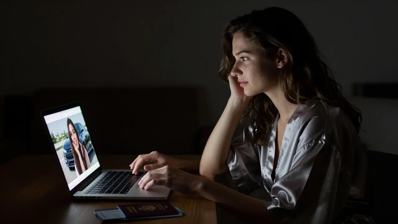 A woman sits alone in a dim apartment, staring at a photo of herself beside a luxury car, laptop screen glowing with cryptocurrency.