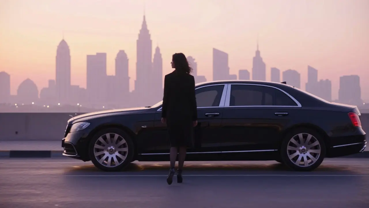 A woman walks away at dawn, her silhouette blending into Dubai’s skyline, embodying anonymity and grace.