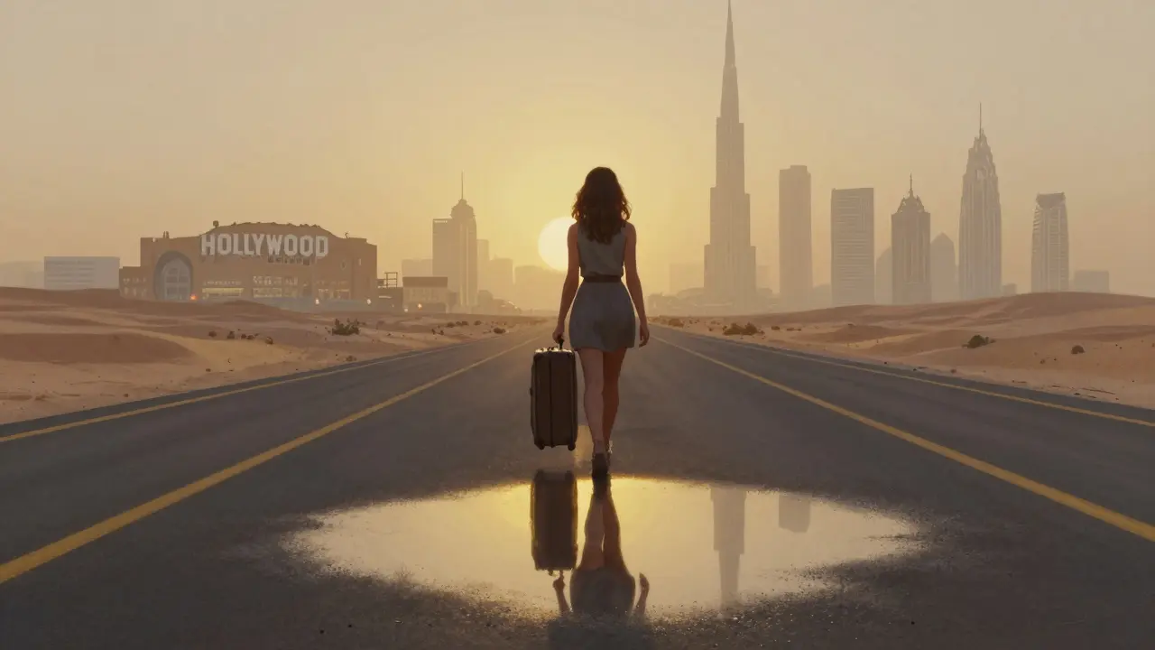 A woman walks away from desert road at sunrise, her reflection shows a different face, ghostly images of Hollywood and Dubai behind her.