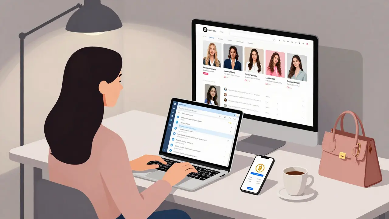 A woman working on her laptop in a Dubai apartment, showing encrypted messaging and crypto payments on screen.