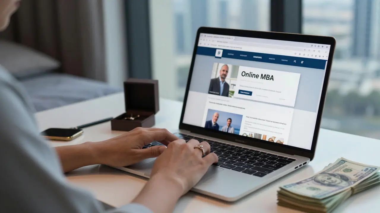A woman working on her MBA laptop in her Dubai apartment, with cash and jewelry nearby.