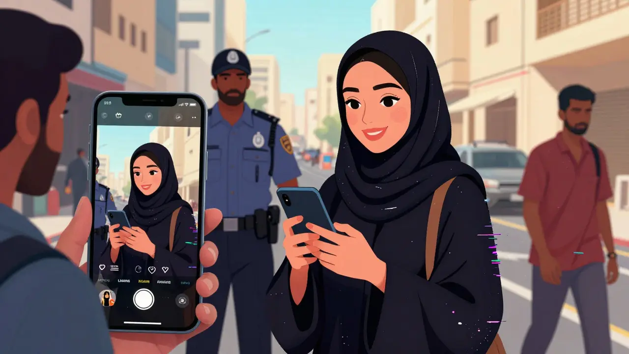 A young Emirati woman&#039;s viral TikTok video playing on a passerby&#039;s phone, while workers walk past unnoticed on a quiet Dubai street.