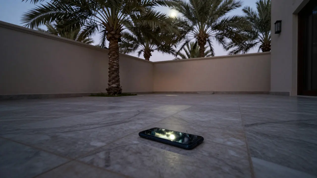 Abandoned phone on marble courtyard of a private villa, screen glowing faintly, no people present.