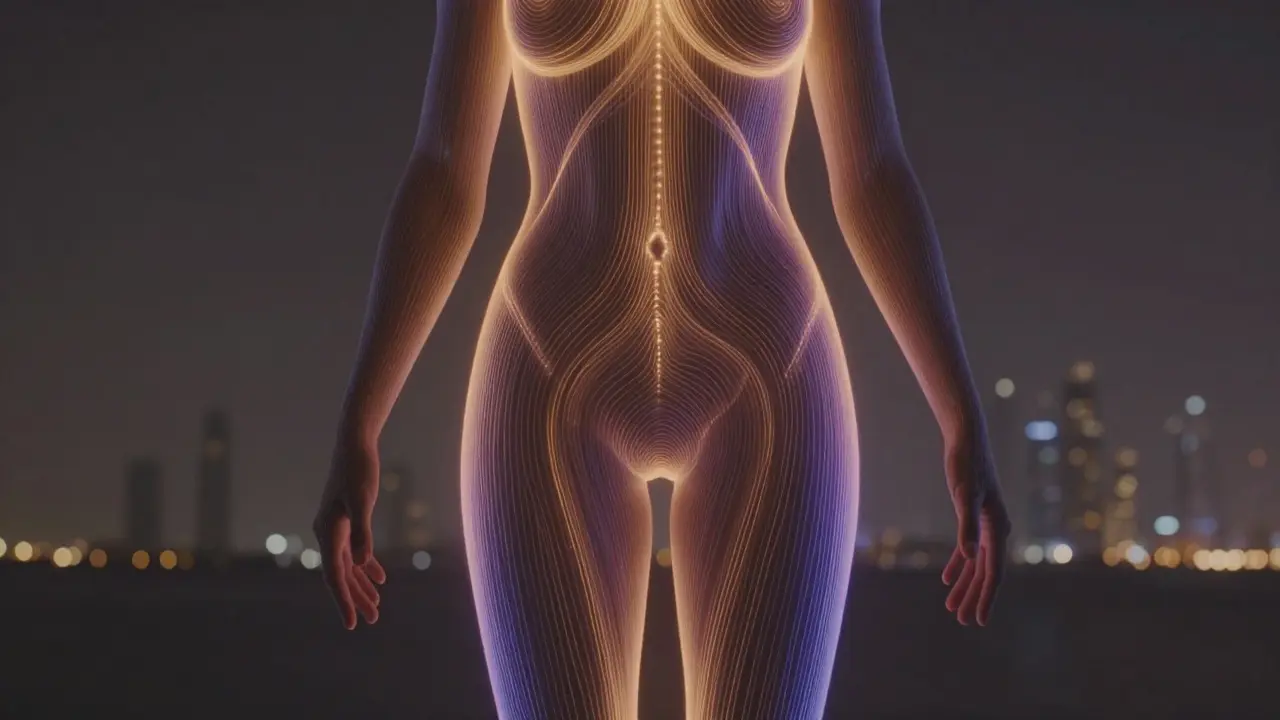 Abstract glowing energy lines tracing the body’s core pathways in soft amber and indigo light, symbolizing awakened prana.