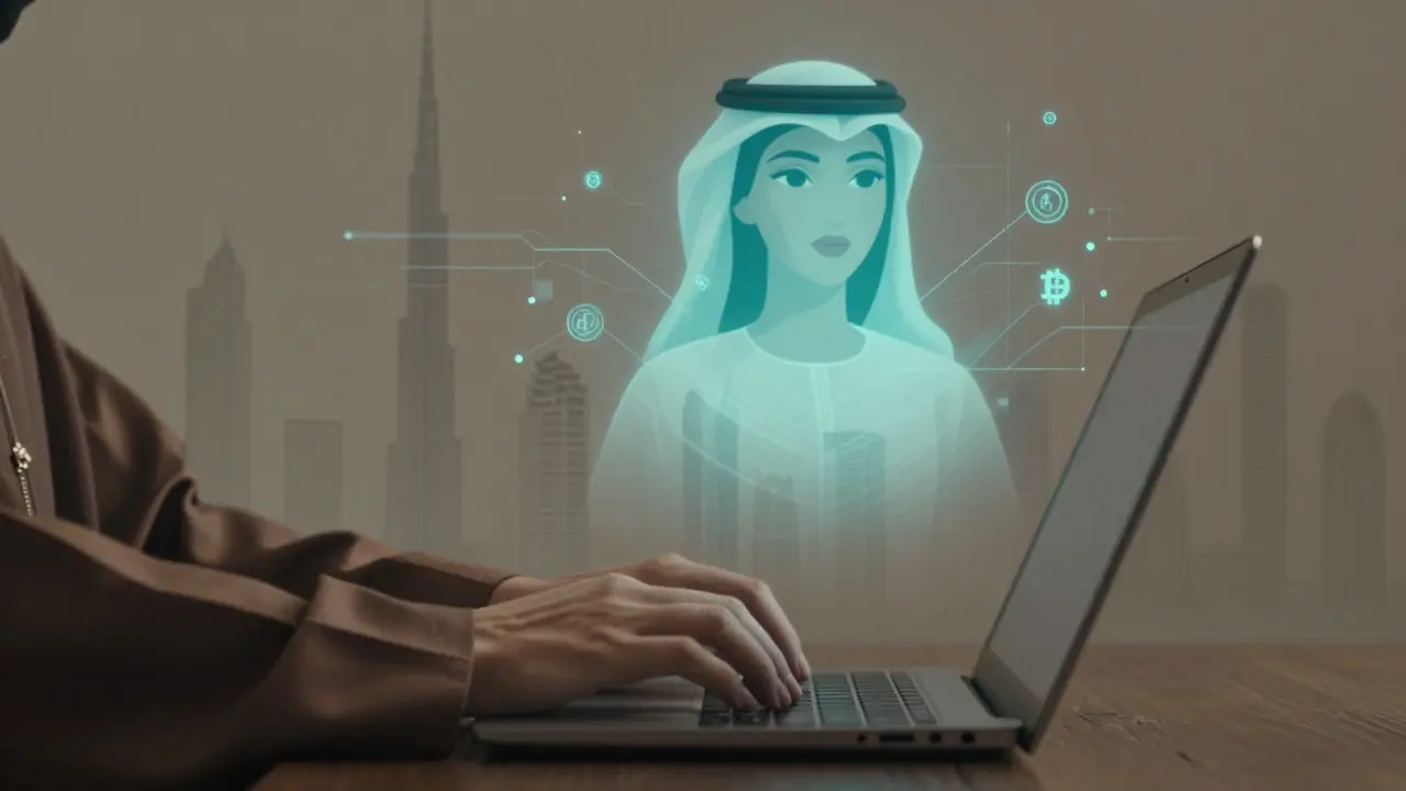 An abaya-clad hand typing as a digital avatar floats above, blending traditional attire with AI-generated imagery.