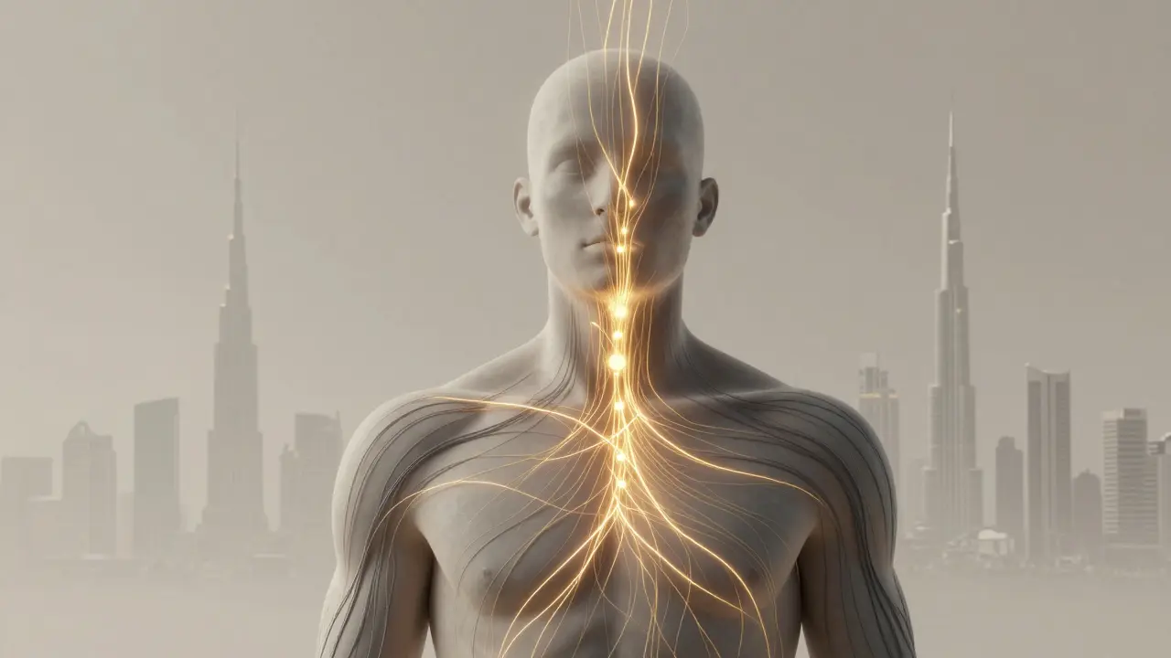 An abstract human form with golden healing energy radiating from the skin, dissolving tension, against a subtle Dubai skyline.