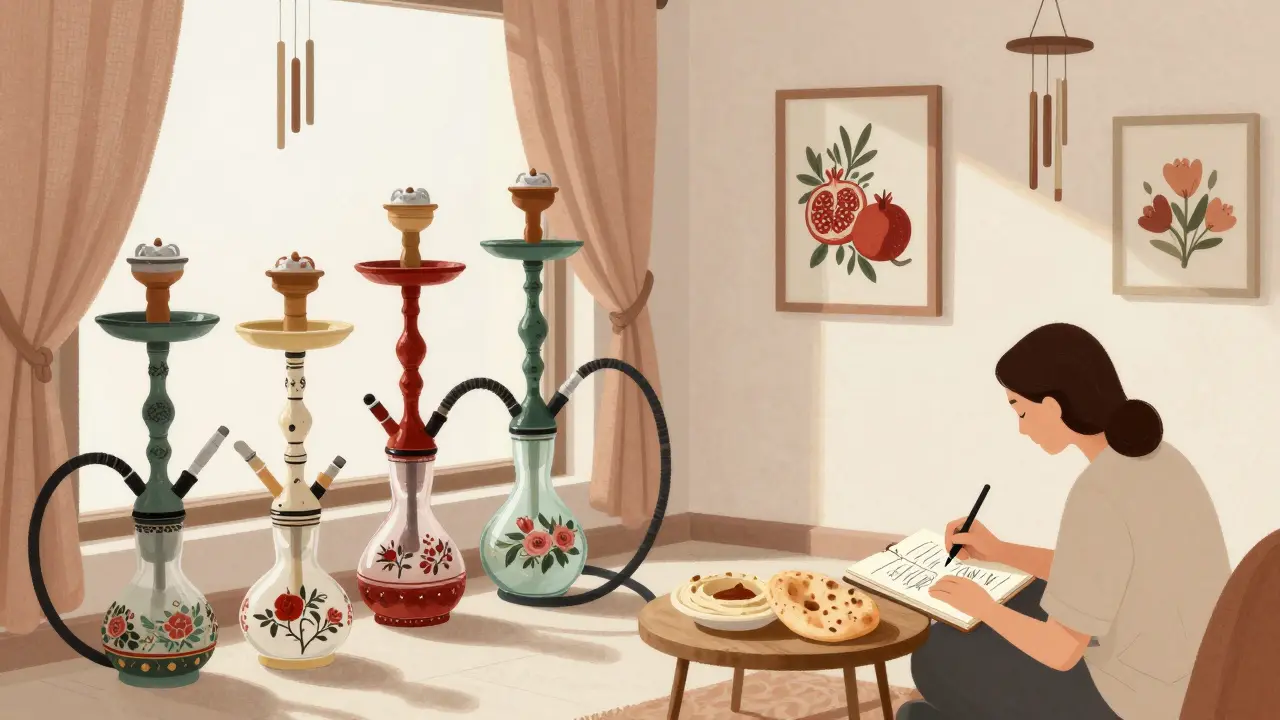 An artist sketching quietly at a cozy shisha lounge with hand-painted pipes and warm food on a small table.