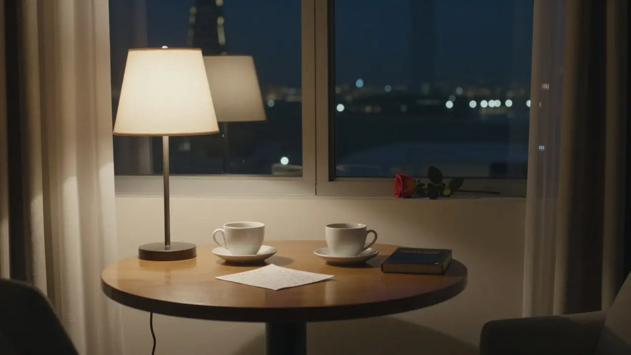An empty hotel room with a handwritten note and book left on a table, suggesting a quiet human connection.