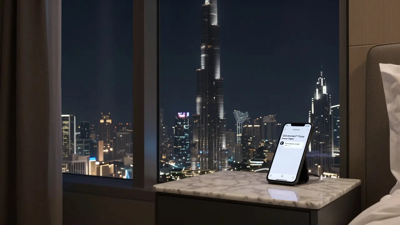 An empty luxury hotel room in Dubai, phone showing a suggestive DM message, Burj Khalifa in the background.
