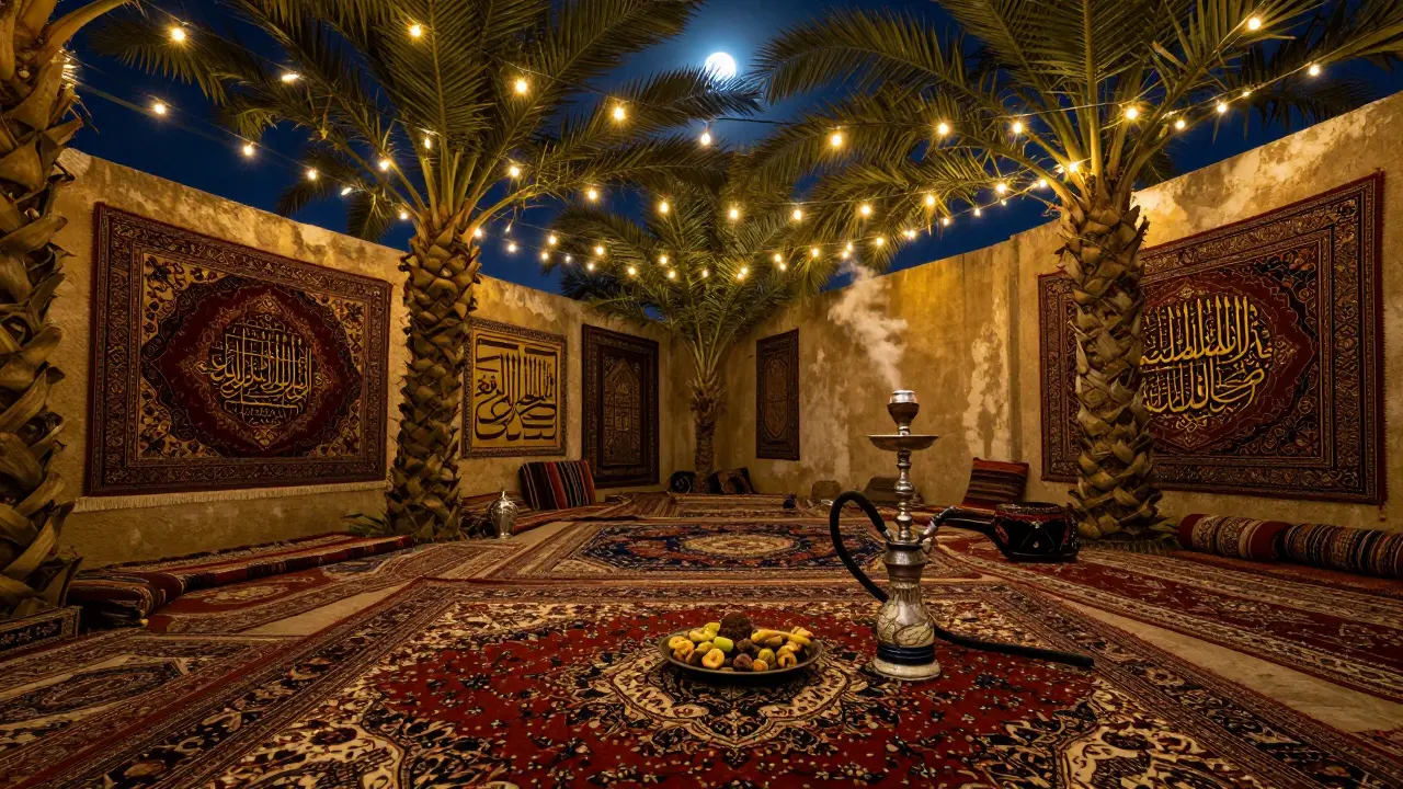 An hidden outdoor shisha garden at night under fairy lights and palm trees, with a single hookah smoking gently.