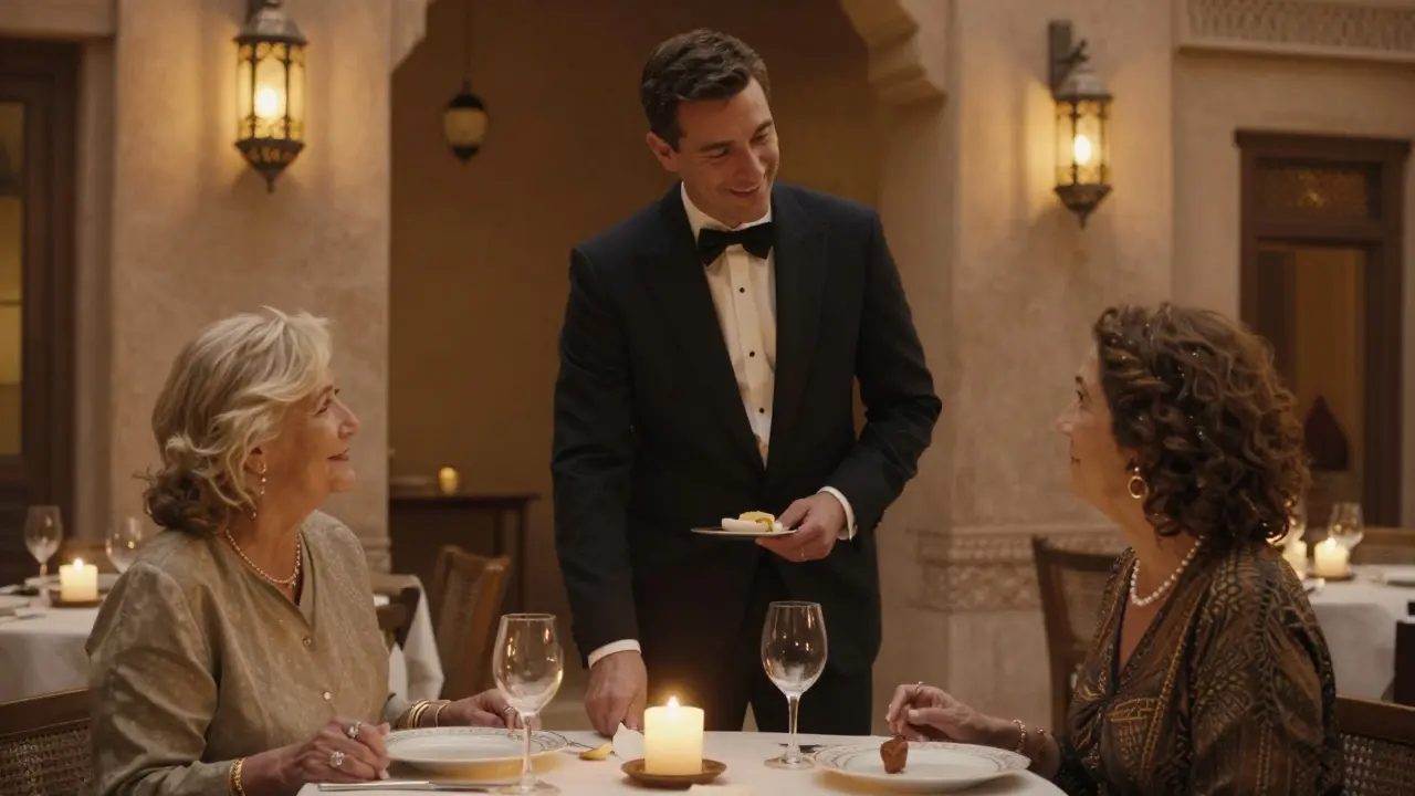An older couple shares a quiet dinner in a lantern-lit courtyard, exuding quiet connection and mutual respect.