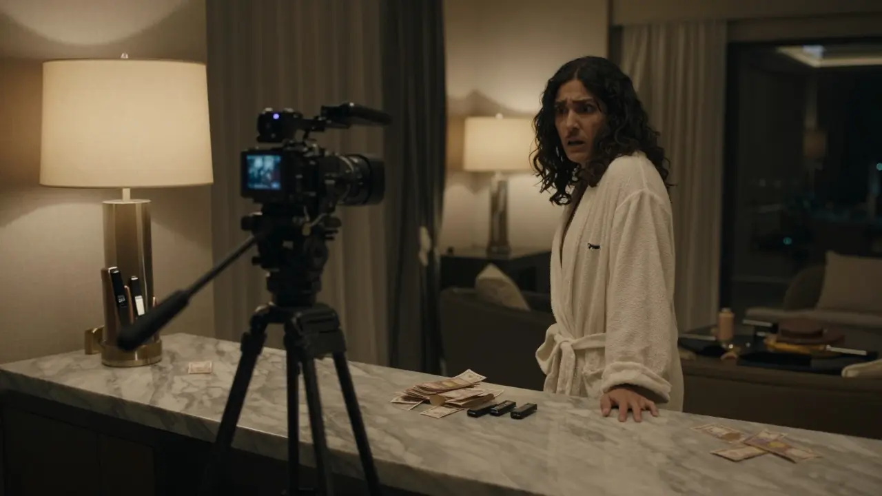 An underground adult film setup in a luxury villa with cash, a camera, and hidden drives under dim lighting.