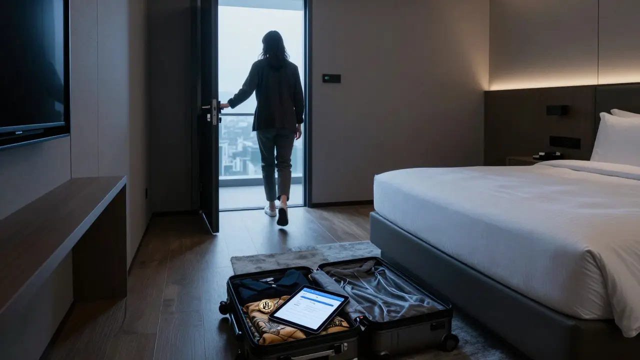 An unmarked hotel suite at dawn with a cryptocurrency payment on a tablet and therapist leaving discreetly.