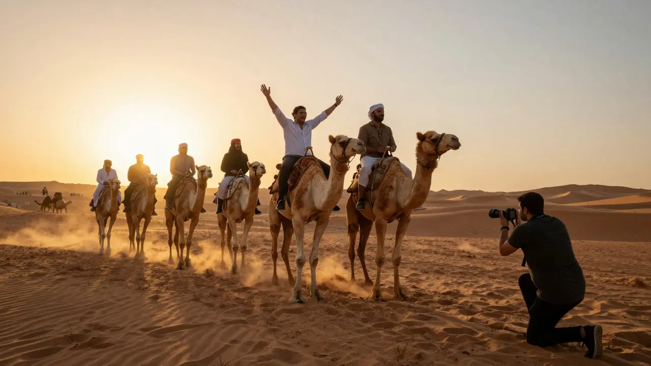 Bachelor party group riding camels through golden desert at sunset.