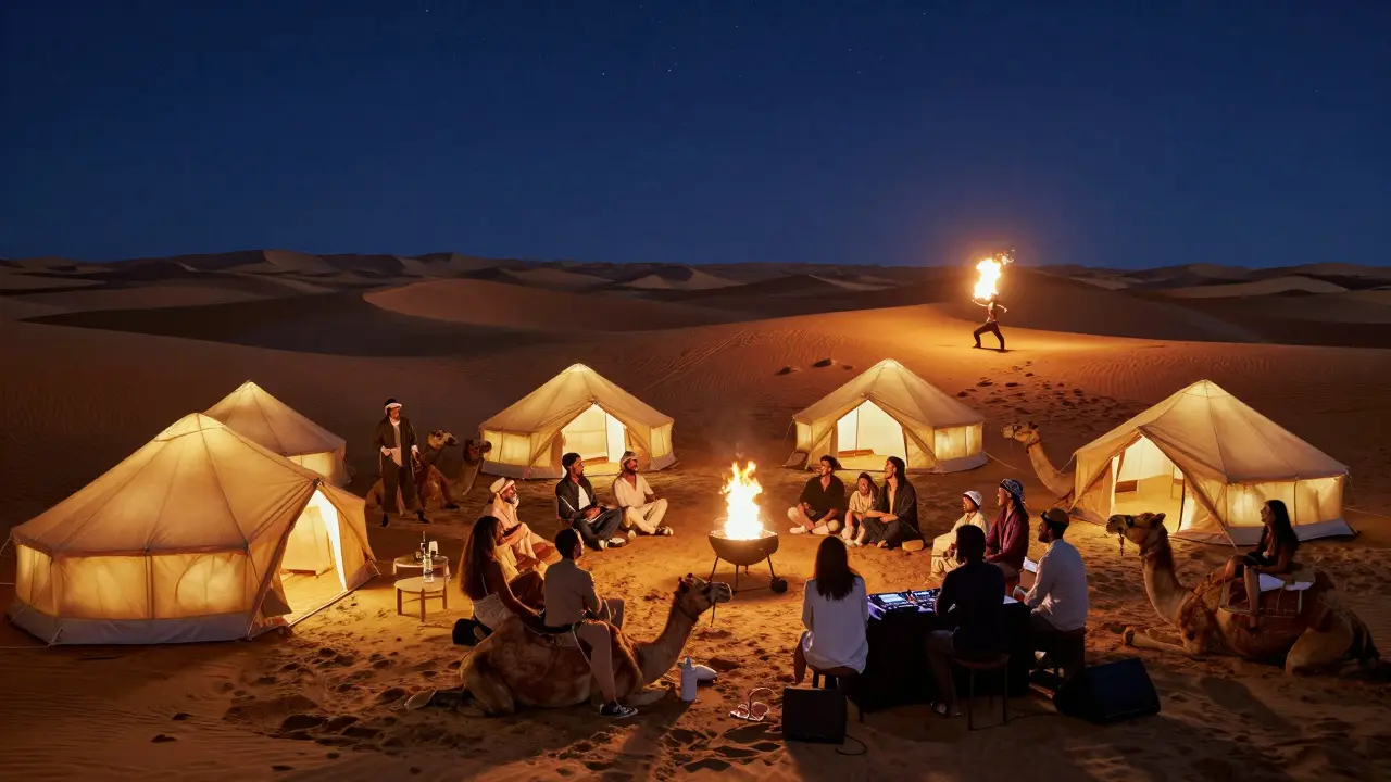 Bachelor party in the desert under stars with LED tents, fire performer, and BBQ grill under a starry sky.