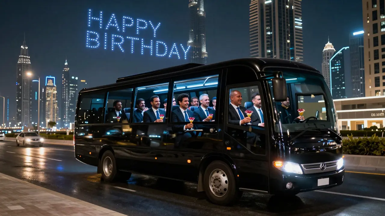 Black minibus driving at night along Dubai&#039;s skyline with drone light show above Burj Khalifa.