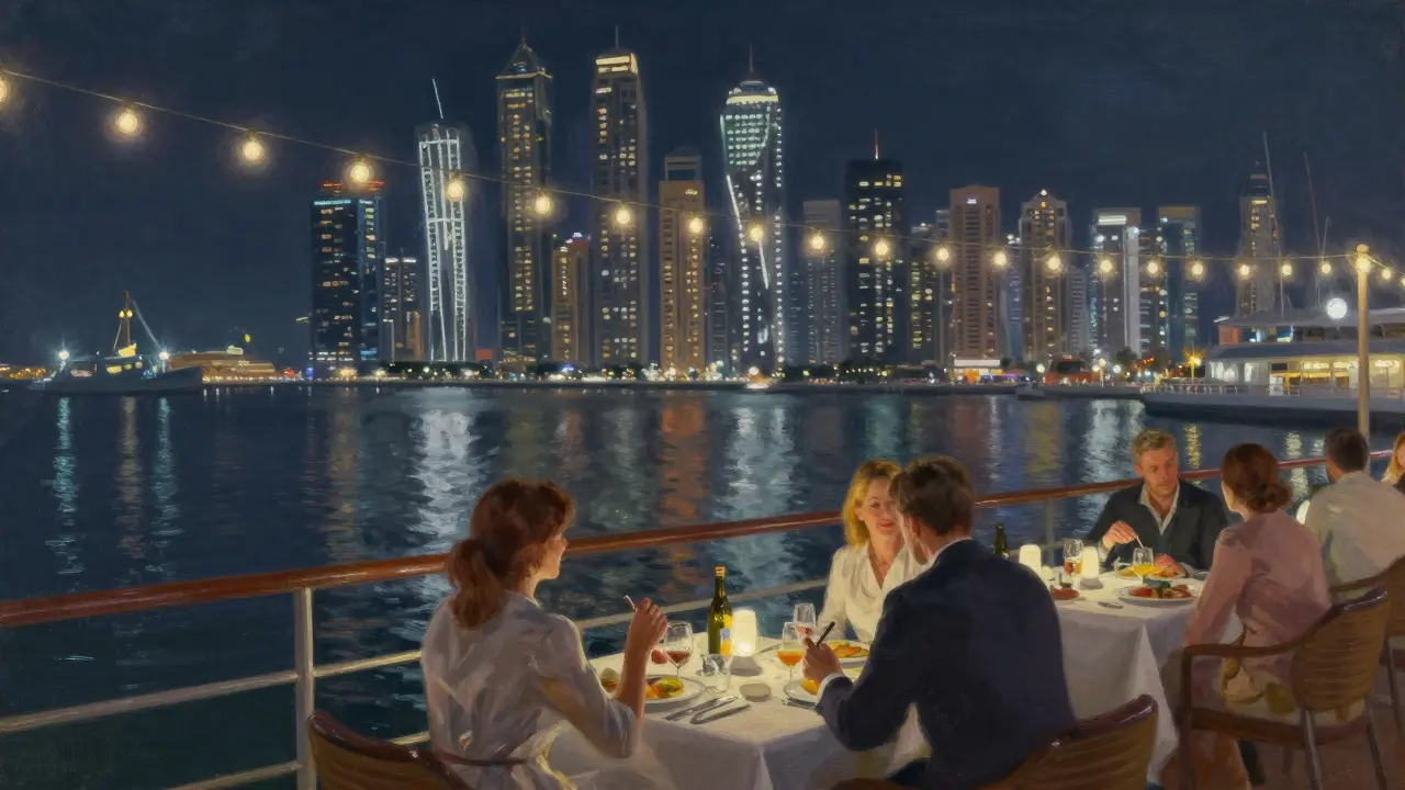 Couples dining on a luxury night cruise with Dubai Marina’s illuminated skyline behind them.