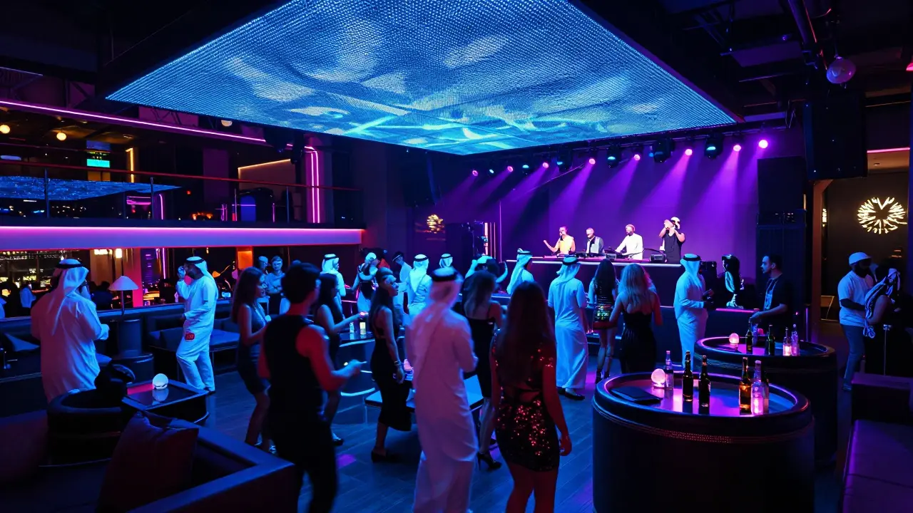 Crowd dancing at a neon-lit Dubai nightclub in 2015 with DJs, cabanas, and luxury vibes.