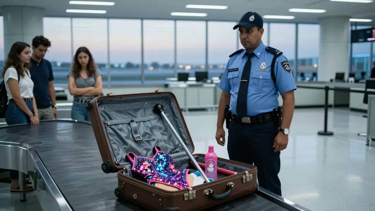Customs officers inspecting confiscated items including a dance prop and suggestive clothing at Dubai airport.
